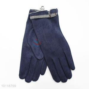 Elegant Women Dark Blue Suede Gloves