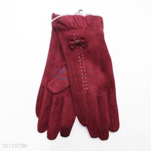 Wine Red Suede Gloves with Cute Bowknot