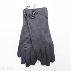 Fashion Women Dark Gray Suede Gloves with Bowknot