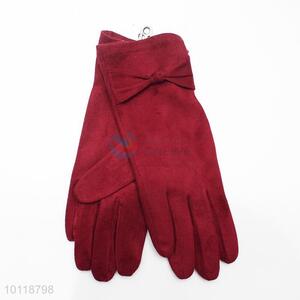 Elegant Wine Red Suede Gloves with Big Bowknot