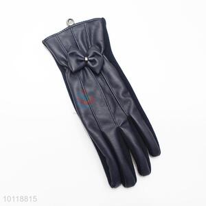 Fashion Dark Blue Washable Leather Gloves with Bowknot