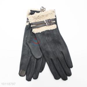Women Dark Gray Suede Gloves with Imitation Lambs Wool Decoration