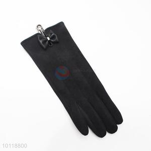 Elegant Women Black Suede Gloves with Bowknot