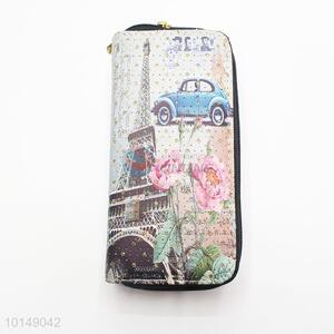 Glitter Star Eiffel Tower and Car Printed Multi-purpose Pouch Long Wallet PU Leather Purse Ladies Clutch Card Holder