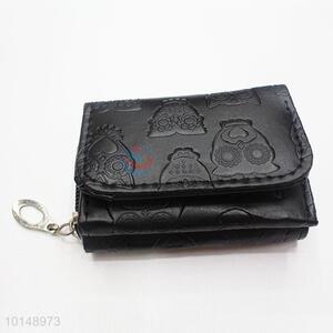 Black Color Cute Owl Printed Mini Wallet Three Fold PU Leather Purse Clutch Bag