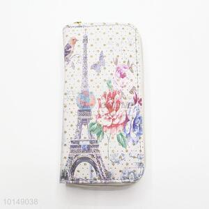 Glitter Star Eiffel Tower and Rose Pattern Multi-purpose Pouch Long Wallet PU Leather Purse Ladies Clutch Card Holder