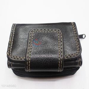 Black Color Small Wallet Three Fold PU Leather Zipper Clutch Bag
