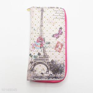 Glitter Star Eiffel Tower and Butterfly Printed Zipper Long Wallet PU Leather Purse Ladies Clutch Card Holder