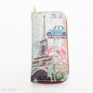 Glitter Star Eiffel Tower and Car Printed Zipper Long Wallet PU Leather Purse Ladies Clutch Card Holder