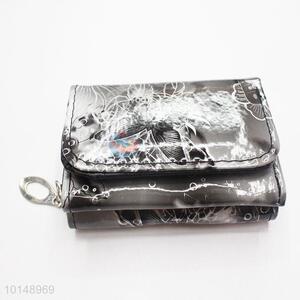 Black Color Butterfly Pattern Mini Wallet Three Fold Zipper PU Leather Clutch Bag