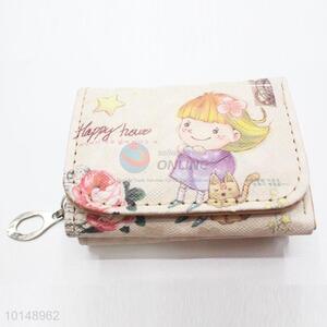 Cartoon Girl and Cat Pattern Small Wallet Three Fold Zipper PU Leather Purse Clutch Bag