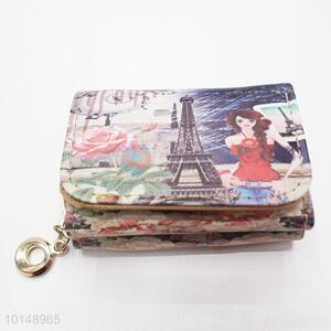 Eiffel Tower and Fashion Lady Pattern Mini Wallet Three Fold Zipper PU Leather Clutch Bag