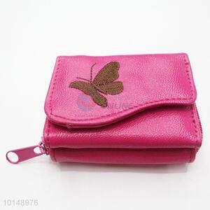 Rose Red Embroidery Butterfly Pattern Mini Wallet Three Fold Zipper PU Leather Purse Clutch Bag