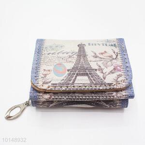 Blue Eiffel Tower Pattern Mini Wallet Three Fold Zipper PU Leather Purse Clutch Bag