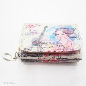 Eiffel Tower and Sexy Lady Pattern Mini Wallet Three Fold Zipper PU Leather Clutch Bag