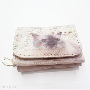 Beige Cute Cat Printed Mini Wallet Women Leather Clutch Bag