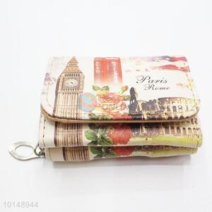 Eiffel Tower and Cartoon Girl Pattern Mini Wallet Three Fold Zipper PU Leather Clutch Bag