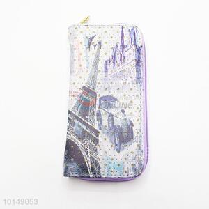 Light Purple Glitter Star Eiffel Tower and Car Printed Zipper Long Wallet PU Leather Purse Ladies Clutch Card Holder