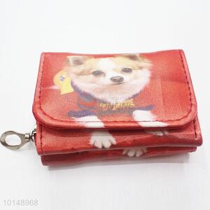 Red Color Cute Dog Pattern Mini Wallet Three Fold Zipper PU Leather Clutch Bag