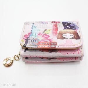 Scenic Spot and Cute Girl Pattern Small Wallet Three Fold Zipper PU Leather Clutch Bag