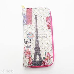Rose Red Glitter Star Eiffel Tower Printed Zipper Long Wallet PU Leather Purse Ladies Clutch Card Holder