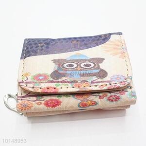 Cartoon Owl Pattern Mini Wallet Three Fold Zipper PU Leather Purse Clutch Bag