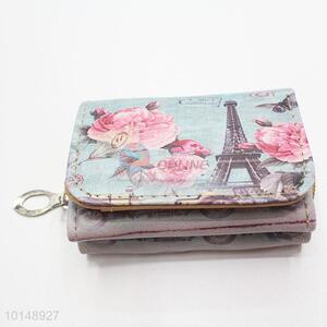 Pink Eiffel Tower and Flowers Pattern Mini Wallet Ladies' PU Leather Clutch Bag Card Holders