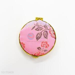 Nice Flower Pattern Pink Mini Round Silk Fabrics Cosmetic Mirror