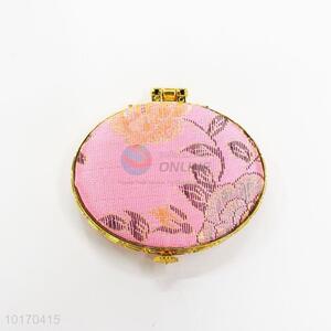 Flower Pattern Pink Mini Elliptical Silk Fabrics Cosmetic Mirror