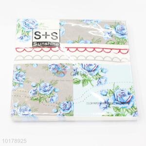 Hot selling blue rose printed wood pulp paper napkin