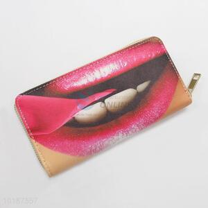 Promotional Red Lip Pattern Zipper Long Wallet Women Purse