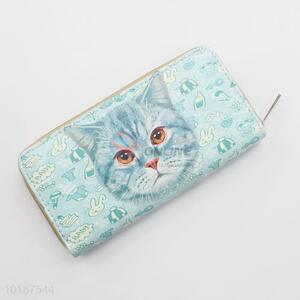 Blue Color Cat Pattern Zipper Wallet for Women