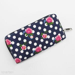 Blue Canvas Flower Pattern Purse Long Wallet