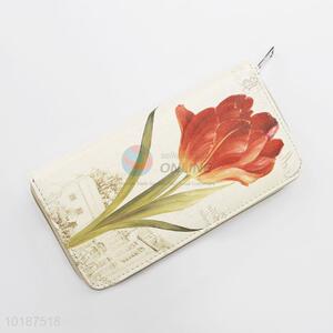 Flower Printed Fashion PU Leather Zipper Wallet Long Purse