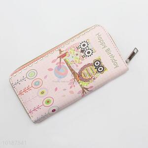 Promotional Pink Color Owl Printed Long Zipper Wallet