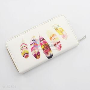 Feather Printed White Leather Long Zipper Wallet