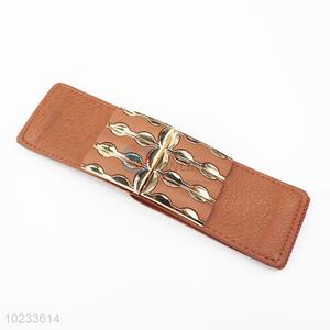 Brown PU Leather Women Elastic Woven Belt