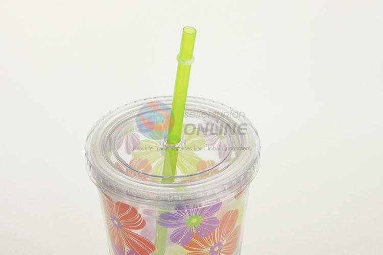 Colorful Flower Pattern Plastic Creative Fruit Juice for Summer Water Bottles Ice Plastic Cup with Straw