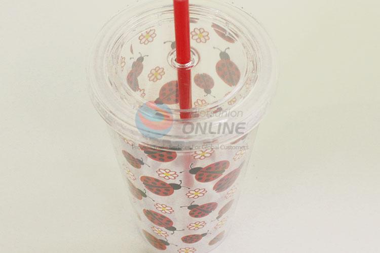 Lovely Cartoon Coccinella Septempunctata Pattern Water Cup Tea Cup Plastic Cup with Red Straw