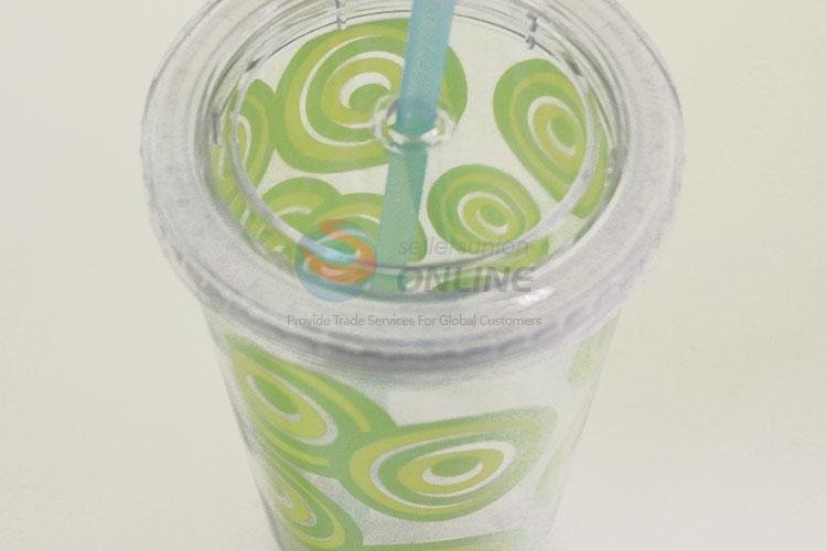 Green Color Bubbles Pattern Water Cup Tea Cup Plastic Cup with Blue Straw