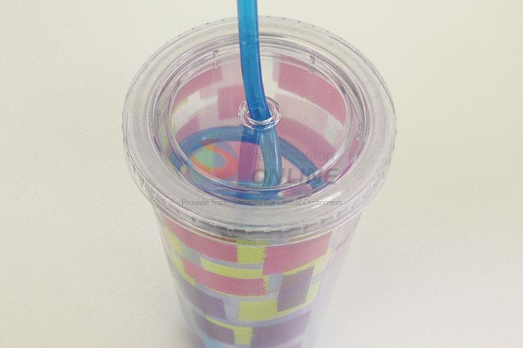 Normal Cartoon Colorful Pattern Water Cup Tea Cup Plastic Cup with Blue Straw