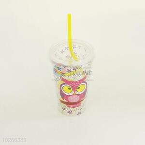 Cartoon Owl Printed Plastic Creative Fruit Juice for Summer Water Bottles Ice Plastic Cup with Yellow Straw