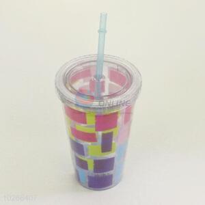 Simple Cute Cartoon Colorful Pattern Water Cup Tea Cup Plastic Cup with Straw