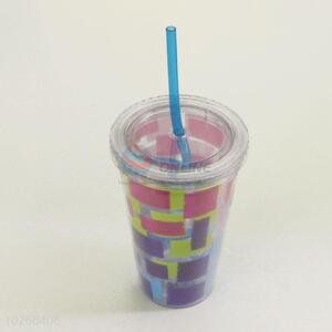 Normal Cartoon Colorful Pattern Water Cup Tea Cup Plastic Cup with Blue Straw