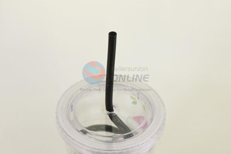 Wholesale Plastic Transparent Color Cartoon Owl Printed Cup with Black Straw Creative Tea Cup Potable Cup