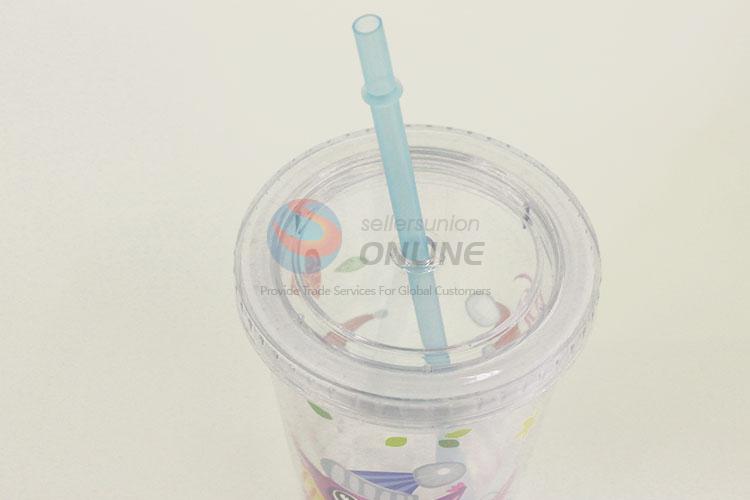 Low Price Cartoon Owl Pattern Water Cup Tea Cup Plastic Cup with Blue Straw