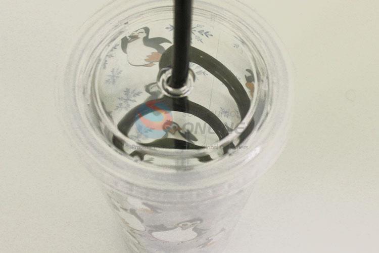 Latest Design Cartoon Penguin Pattern Water Cup Tea Cup Plastic Cup with Black Straw