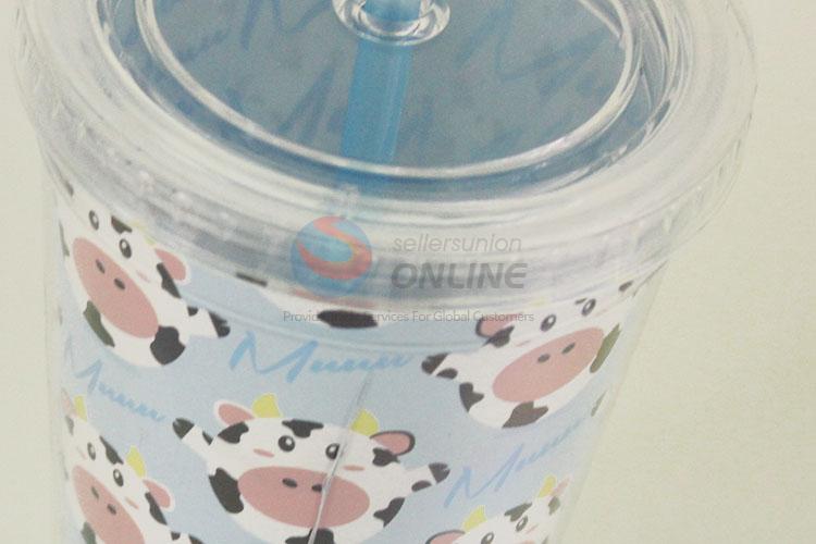 Cartoon Cow Printed Plastic Cup with Blue Straw Creative Personalized Coffee Milk Tea Cup Potable Cup