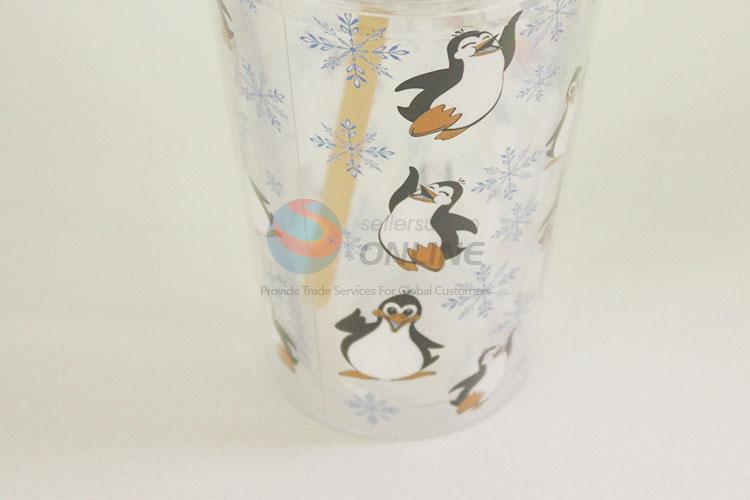 Low Price Cartoon Penguin Pattern Water Cup Tea Cup Plastic Cup with Yellow Straw