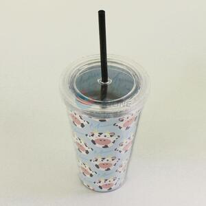 Cartoon Cow Printed Plastic Cup with Black Straw Creative Personalized Coffee Milk Tea Cup Potable Cup